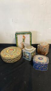 Lot of 5 Vintage Decorative Tin Boxes, Tins - Art Nouveau & Floral Designs, Assorted Shapes, Varga Artwork ( Sp 4 )