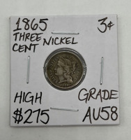 1865 AU58 Antique Three Cent Nickel