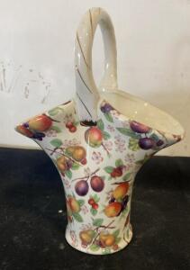 Baum Bros. Alicia Chintz Porcelain Basket Vase &ndash; 9.5" Tall, Twisted Handle, Gold Trim