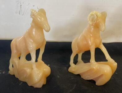 Pair Carved Alabaster Ram Figurines, Approx 6" Tall, Detailed Horns, Polished Stone Sculptures