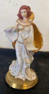 Porcelain Figurine Gold Cape Red Hair Woman with Orb 10&ndash;12in Tall Statue