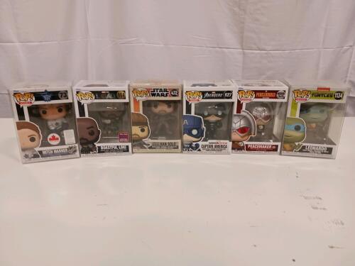 Funko Pop! Lot: Captain America 627, Han Solo 472, Peacemaker 1232, Leonardo 1134, Marner 73, Loki 984