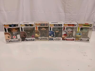 Funko Pop! Lot: Captain America 627, Han Solo 472, Peacemaker 1232, Leonardo 1134, Marner 73, Loki 984