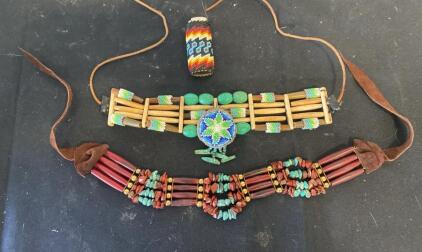 Native American-Style Beaded Bone & Turquoise Chokers and Beaded Lighter Cover Set