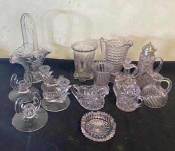 Vintage Pressed Glass Tableware Set &ndash; Basket, Candleholders, Pitchers, and More, 1920s-1950s