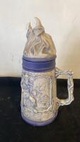 Wizard Fantasy Ceramic Beer Stein with Sculpted Lid, 14" Tall, Blue & Gray Relief Artwork