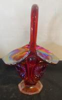 Fenton Persian Medallion Red Carnival Glass Basket, 7.5" Tall, 1970s