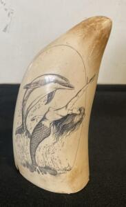 Hand-Signed Scrimshaw Whale Tooth, Mermaid & Dolphin Art, Andrew 1993, Patina, 5&ndash;7 in Est.
