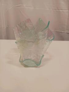 Hand-Blown Freeform Art Glass Vase, Clear with Blue-Green Edging, Folded Ripple Design