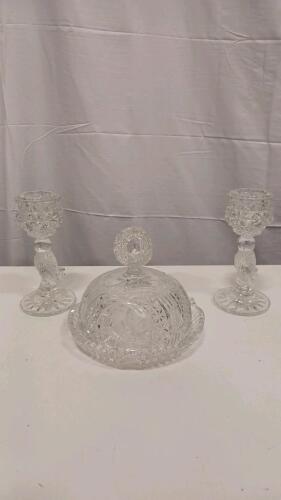Crystal Tableware Set: 2 Bird Candle Holders & Covered Butter Dish, Starburst Pattern, 3 Pieces