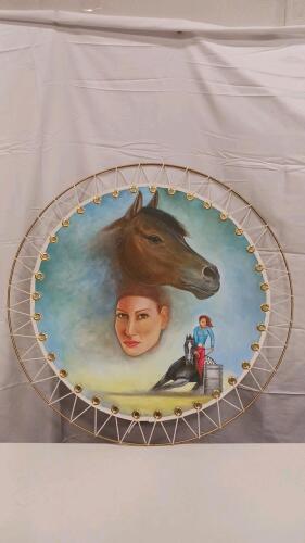 Large Hand-Painted Wall Drum &ndash; Horse and Barrel Racer Artwork, Western Theme, 36 in Diameter Sp-5