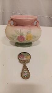 Relpo 6705 Hand-Painted Ceramic Vase with Handles and Vintage Ornate Hand Mirror