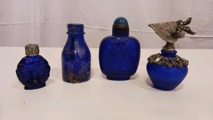 Antique Cobalt Blue Perfume and Scent Bottle Collection, Ornate Silver Accents, Ca. 1900