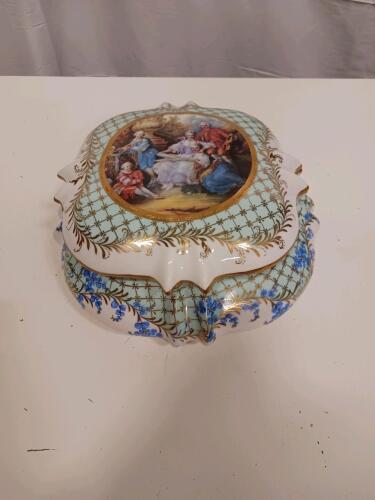 Antique German Porcelain Trinket Box with Hand-Painted Rococo Scene and Gold Accents