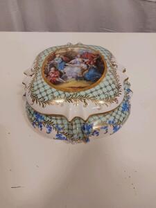 Antique German Porcelain Trinket Box with Hand-Painted Rococo Scene and Gold Accents