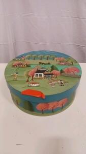 Hand-Painted Folk Art Decorative Hat Box Style Storage, Rural Village Scene, 14"x7", Papier-M&acirc;ch&eacute;