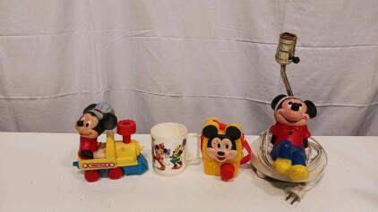 Vintage Disney Mickey Mouse Lamp, Train Toy, Canteen, Mug &ndash; 1980s Collectible Set