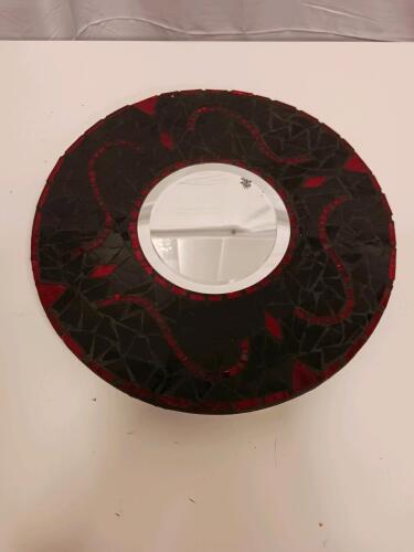 Handcrafted Circular Mosaic Wall Mirror with Black and Red Tile Frame, Artist-Signed