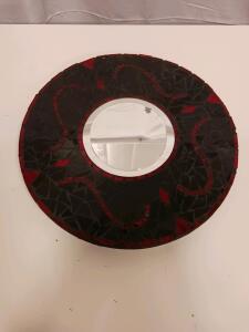 Handcrafted Circular Mosaic Wall Mirror with Black and Red Tile Frame, Artist-Signed
