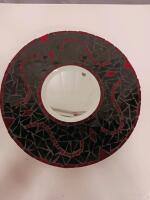 Handcrafted Circular Mosaic Wall Mirror with Black and Red Tile Frame, Artist-Signed - 2