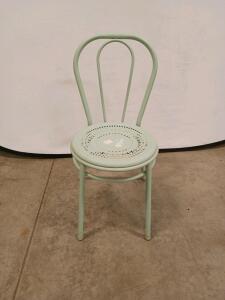 Mint Green Metal Bistro Chair, Powder-Coated Steel, Perforated Seat, French Caf&eacute; Style, Stackable
