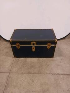 Vintage Flat Top Steamer Trunk, Brass Hardware, Leather Handles, 32" Storage Chest