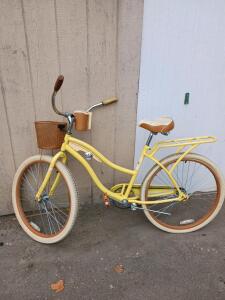 Huffy Nel Lusso 26" Cruiser Bicycle, Single Speed, Yellow, Basket, Rear Rack, Cup Holder