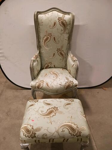 French Provincial Wingback Armchair & Ottoman Set, Silver Wood, Paisley Fabric, 1960s-1980s