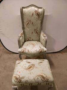 French Provincial Wingback Armchair & Ottoman Set, Silver Wood, Paisley Fabric, 1960s-1980s