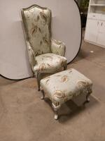 French Provincial Wingback Armchair & Ottoman Set, Silver Wood, Paisley Fabric, 1960s-1980s - 2