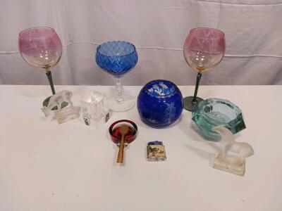 Mid-Century Decorative Glassware Lot: Wine Goblets, Blue Glass, Crystal Figurines, Lighter, Ashtrays