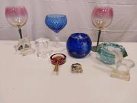 Mid-Century Decorative Glassware Lot: Wine Goblets, Blue Glass, Crystal Figurines, Lighter, Ashtrays - 2