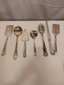 Vintage Silver Plated Ornate & Plain Mixed Serving Utensils Set &ndash; Ladle, Pasta Server, Cake Knife