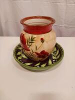 Hand-Painted Ceramic Vase & Bowl Set, Red Poppy & Olive Motif, 13" Bowl, 10" Vase