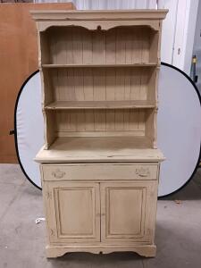 Vintage Wooden Hutch with Distressed Cream Finish, 2 Shelves, 1 Drawer, and 2 Paneled Cabinet Doors