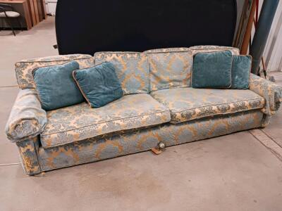 Vintage 3-Seat Sofa, Blue/Gold Floral Damask, Rolled Arms, 86" Length, 5 Pillows Included