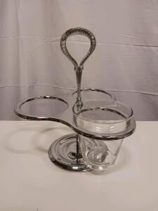 Inurare Triple Glass and Metal Condiment Caddy with Ornate Handle, 3 Compartments, Made in U.S.A.