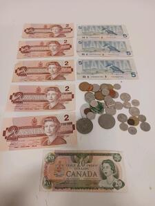 Vintage Canadian Currency Lot: 1954 $20, 1986 $2 & $5 Notes, Mixed Coins, Foreign Coins