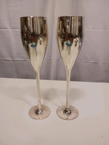 Pair of Silver-Plated Champagne Flute Goblets, Tall Stem, Engraved, 10.5in, Set of 2