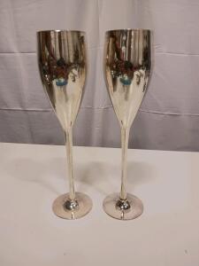 Pair of Silver-Plated Champagne Flute Goblets, Tall Stem, Engraved, 10.5in, Set of 2