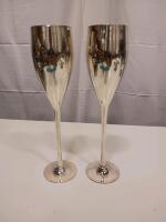 Pair of Silver-Plated Champagne Flute Goblets, Tall Stem, Engraved, 10.5in, Set of 2