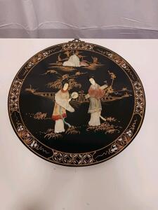 Vintage Asian Lacquer Wall Hanging with Mother-of-Pearl Inlay, 16.5" Diameter