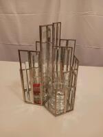 Modern Geometric Mirrored Glass Candle Holders, Silver-Tone Metal, Set of 2, 12 in Tall