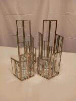Modern Geometric Mirrored Glass Candle Holders, Silver-Tone Metal, Set of 2, 12 in Tall - 2