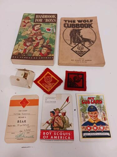 1940s Boy Scouts & Cub Scouts Memorabilia Lot: Handbooks, Cards, Patches, Neckerchief Slide