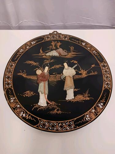 Decorative Asian Lacquer Wall Plaque with Mother-of-Pearl Inlay, 15" Diameter