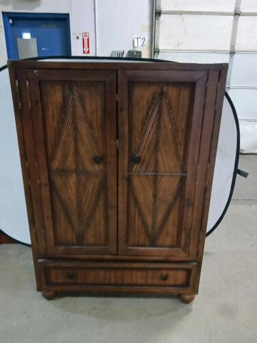 Media Armoire Cabinet &ndash; 2 Doors, 1 Drawer, Wood Finish, Geometric Design, Cable Management