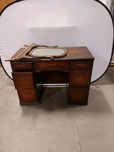 Vintage Wooden Vanity Desk with Mirror, 7 Drawers, Circa 1930s&ndash;1960s