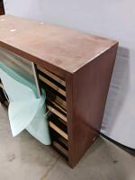 Mid-Century Modern Wooden Record Cabinet with Sliding Glass Front and Slat Shelves, 36"x16"x30" - 5