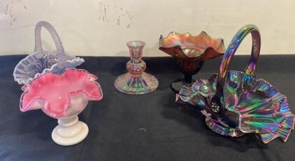 Vintage Carnival Glass Basketweave & Beads Baskets, Compote, and Candlestick ( Sp 11 )